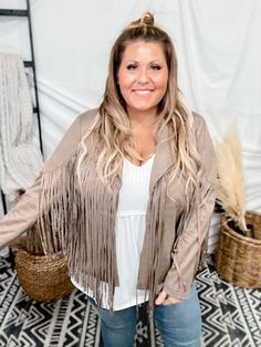 This suede jacket is so cute and chic! Suede bodice with long sleeves features open front closure with fringe detail. Fit: Relaxed Jo is 5’3” and wears size 14W/Misses 16 and is wearing 1XL Material: 85% Polyester, 15% Spandex Brand: Andree By Unit Suede Jacket, Front Open, Final Sale, So Cute, Bodice, Long Sleeves, Spandex, Long Sleeve, How To Wear