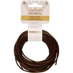 the leather cord is brown and has a white tag that says leather elements on it