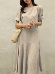 Cotton Solid Ruffle Short Sleeve Round Neck Casual Midi Dress Casual Solid Color Tiered Midi Dress, Beige Short Sleeve Midi Dress With Ruffles, Beige Midi Dress With Ruffles And Short Sleeves, Casual Solid Color Dresses With Ruffles, Casual Solid Color Ruffle Midi Dress, Casual Short Sleeve Midi Dress With Ruffle Hem, Casual Solid Midi Dress With Ruffles, Solid Ruffled Midi Dress For Day Out, Solid Color A-line Midi Dress With Ruffles