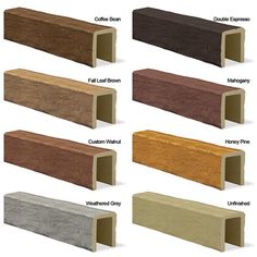 the different types of wood planks are shown in various colors and sizes, including brown