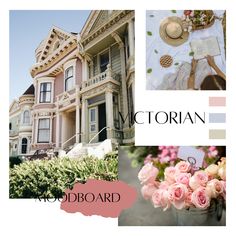 an image of victorian homes with pink flowers in the foreground and on the right