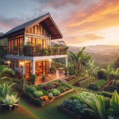 the house is surrounded by lush greenery and plants at sunset or dawn, as seen from above