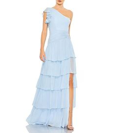 Mac Duggal Ruffle One Shoulder Ruched Waist Sleeveless Tiered Gown | Dillard's Ruffle Dress Formal, Powder Blue Gown, Mac Duggal Dress, Powder Blue Color, Tiered Dresses, Dress With Ruffle Sleeves, Long Formal Dress, Prom Long, Mac Duggal Dresses