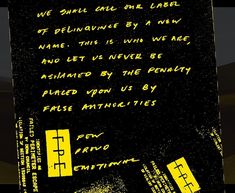 a black and yellow poster with some writing on it