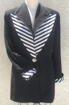 Black, long sleeved, striped cuff jacket with a second, striped lapel, trimmed in rhinestones and fastened with a single, jeweled button Black And White Jacket, Artwork Ideas, Vintage Black And White, White Jacket, Black Jacket, 90s Fashion, A Black, Men's Blazer, Fashion Inspo Outfits