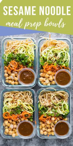 four meal prep bowls filled with vegetables, beans and sauces in plastic containers on a gray surface