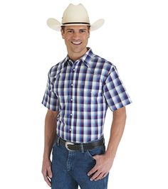 This Wrangler Men’s Sport Western Assorted Plaid Shirt is a great for any cowboy. The cotton polyester blend is lightweight durable comfortable and easy to care for. The authentic western yokes snap front and double front pockets give this shirt a classic western look. These shirts are assorted; the color will vary and is selected at random. Wrangler Shorts, Western Look, Cowboy Style, White Plaid, Plaid Shirt, Men Short Sleeve, Short Sleeve Shirt, Grey And White, Blue Grey