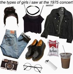 The 1975 concert outfit, black shoes, iced coffee, glasses, hair bun 1975 Concert Outfit Ideas, 2018 Grunge, 2014 Tumblr Aesthetic Outfits, The 1975 Concert Outfit, 2014 Era, 2014 Grunge, 1975 Concert, The 1975 Concert, Concert Outfit Plus Size