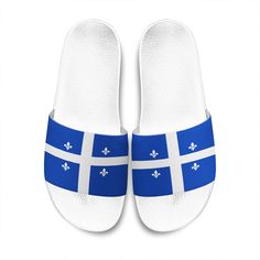 Canada Flag Of Quebec SandalsDescriptionAll of our Slide Sandals are custom-made-to-order and handcrafted to the highest quality standards. Add style to your footwear collection with these fashionable and comfortable slide sandals. Perfect for use at the beach, pool, gym or relaxing around the home on a casual day. Constructed with a high-quality and light-weight EVA sole for comfort and durability. Features an easy slip-on design with open-toe construction. All of our Slide Sandals are custom-m White Slide Flip Flops For Swimming, White Open Toe Slides For Swimming, White Slip-on Slides For Swimming, Adjustable White Slide Flip Flops, White Slides With Rubber Sole For Vacation, Footwear Collection, Eva Sole, Beach Pool, Canada Flag