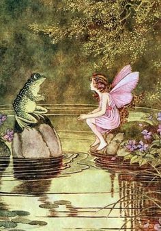 a fairy sitting on top of a rock next to a pond with a frog in it