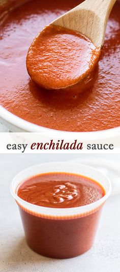 a wooden spoon full of homemade enchilada sauce next to a white bowl filled with tomato sauce