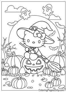 hello kitty halloween coloring page with pumpkins