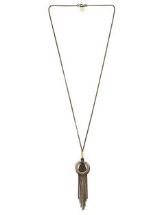 A long gold/black-plated steel chain fringe necklace with two antique bronze ring pendants. The closure is an antique bronze-plated brass lobster clasp. The ring diameters are 1 1/8" and 1". The neck chain is 30" with approximately 4" length chain fringe. Wear it long or double the chain around the neck for a shorter style. Details: gold/black plated steel chain 2 antique bronze ring pendants ring diameters: 1 1/8" and 1" 30" total neck chain length approx. 4" length chain fringe wear it long or Metal Lariat Tassel Necklace With Adjustable Chain, Adjustable Metal Lariat Tassel Necklace, Long Metal Tassel Necklace With Chain, Adjustable Gold Tassel Necklace With Fringe, Metal Long Tassel Necklace, Gold Tassel Necklace With Adjustable Chain, Adjustable Gold Fringe Necklaces, Adjustable Metal Dangle Tassel Necklace, Adjustable Metal Tassel Dangle Necklace