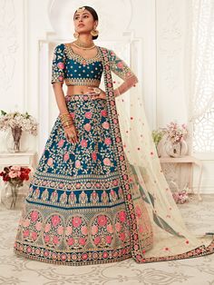 Blue floral lehenga choli Lehenga Blue, Ghaghra Choli, Prom Suit, Floral Lehenga, Lengha Choli, Lehenga Wedding, Blue Lehenga, Choli Designs, Lehenga Choli Online