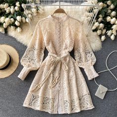 Lasaky - Vintage-Inspired Lace Hollow Lantern Sleeve Mandarin Collar Embroidered Dress Embroidery Stand, Vintage Mini Dress, Vintage Mini Dresses, Women Lace Dress, Embroidered Lace Dress, Up Party, Runway Dresses, Long Sleeve Lace Dress, Designer Vintage