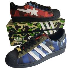 Elevate your sneaker game with these Bape x Adidas Superstar 80s in a colorful camouflage pattern. The shoes boast a standard shoe width and lace-up closure, with a rubber cleat type and outsole material for optimal performance during walking or cheerleading. Crafted from leather with a fabric lining and insole material, these sneakers are a perfect addition to your activewear, workwear, or casual wardrobe. The Bape x Adidas collaboration and deadstock condition make them a must-have for sneaker collectors and enthusiasts alike. Welcome to Tianoz eBay store, your destination for quality items! We take pride in offering a wide range of unique and valuable products. With our climate-controlled office, you can trust that the item you receive will be well-preserved and in excellent condition. Vintage Jeans Mens, Adidas Superstar 80s, Hype Wallpaper, Adidas Wallpapers, Adidas Shoes Originals, Sneaker Games, Swag Shoes, Adidas Superstar Sneaker, Dream Shoes