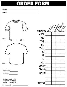 an order form with the measurements for t - shirts