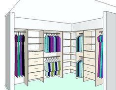 a drawing of a closet with clothes hanging on the walls and two open shelves next to each other