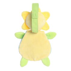 a yellow and green stuffed animal on a white background