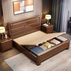 a bed with drawers underneath it in a bedroom