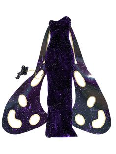 a purple and black costume with white circles on it's wings, attached to a string