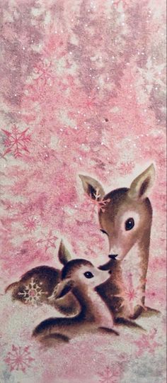 two baby deers are in front of a pink background with snowflakes and stars