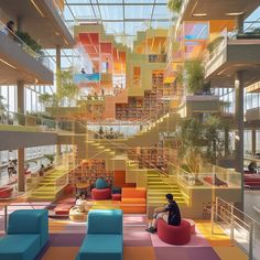 the interior of a large library with colorful bookshelves and couches in it