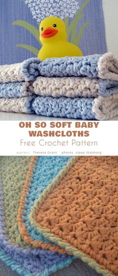 a crocheted blanket with a rubber ducky on it and the text oh so soft baby washcloths free crochet pattern