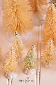 small christmas trees are sitting in glass vases on a table with text that reads make your own bottle brush trees