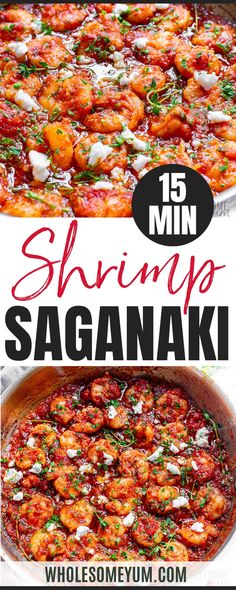 shrimp saagnaki in a skillet with text overlay