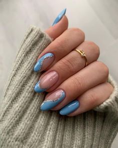 Blue Nail Designs, Round Nails, Pink Nail, Purple Nails, Cute Acrylic Nails, Blue Nails, Almond Nails