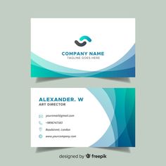 a business card with blue and green wavy shapes on the front, back and sides