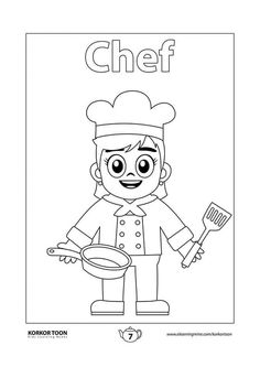 a coloring page with a chef holding a frying pan