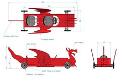 an image of a red car with wheels and wings on it's side, shown in three different views