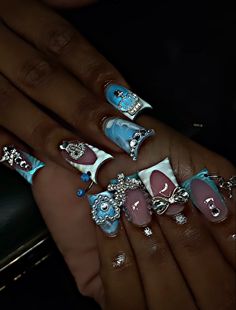 Blue Junk Nails, Duck Junk Nails, Teal Acrylic Nails, Acuity Booking Site, Acrylic Toe Nails, Long Acrylic Nail Designs