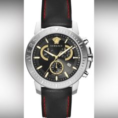 Brand Versace Type Wristwatch Mpn Ve2e00121 Department Men Collection Name New Chrono Gender Men's Case Shape Round Case Material Stainless Steel Case Back Closed Case Crystal Sapphire Crystal Scratch Resistant Case Water Resistance 50 M (165 Feet) Case Width (Mm) 45 Case Thickness (Mm) 13 Dial Color Black Other Dial Color Black Band Type Strap Band Material Leather Band Color Black Other Band Color Black Band Size Width (Mm) 22 Fits Wrist Up To (Inches) 7.5 Band Clasp Deployment Clasp Movement Designer Business Watches With Tachymeter, Designer Watches With Tachymeter, Luxury Black Watch Accessories With Analog Display, Designer Watches With Analog Display And Round Dial, Designer Analog Watch With Round Dial, Designer Leather Watch With Tachymeter, Designer Analog Display Watch, Silver Leather Chronograph Watch, Designer Black Chronograph Watch For Formal Occasions