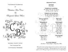 the wedding program is shown in black and white, with an ornate monogrammed design