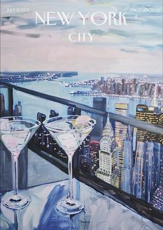 two martinis are sitting on a balcony overlooking the new york cityscape and skyscrapers