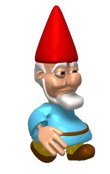 an animated gnome with a red hat and blue shirt sitting in front of a white background