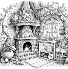 a black and white drawing of a fairy kitchen