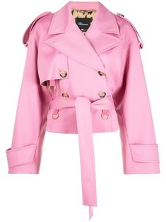 bubblegum pink double-breasted button fastening cropped tied waist layered details notched lapels button fastening at the shoulder buttoned cuffs long sleeves straight hem