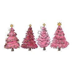 three pink christmas trees are lined up in a row, with gold stars on top