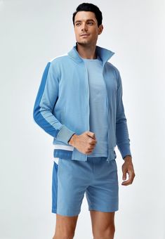 This men’s tracksuit will motivate you to complete your morning runs. The sleek two-toned color scheme creates a visually appealing aesthetic for a stand-out look, featured with a full zipper closure down the center for easy on and off. Collared neck and long sleeves complete a classic style. It’s ideal for various occasions, whether you’re running errands, heading to the gym or simply spending a casual day. Gentle hand wash using delicate detergent, dry flat, steam iron. Blue Sports Outerwear With Contrast Color, Blue Outerwear With Contrast Color For Sports, Sportswear Track Jacket With Contrast Panels, Sporty Blue Track Jacket For Jogging, Athleisure Track Jacket With Contrast Panels For Sports, Blue Long Sleeve Track Jacket For Jogging, Blue Sportswear Track Jacket For Gym, Blue Athleisure Track Jacket For Jogging, Athleisure Track Jacket With Contrast Color For Sports