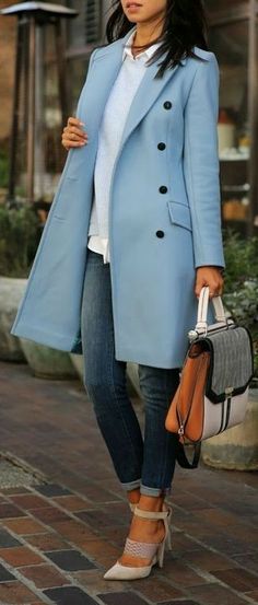 Blue Peacoat Outfit, Blue Winter Dresses, Peacoat Outfit, Baby Blue Outfit, Baby Blue Dresses