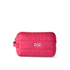 a pink pencil case with the word p r on it and a zippered closure