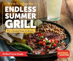 an advertisement for grilled corned steak and beans on a plate next to a glass of lemonade