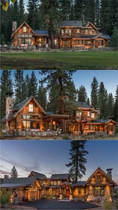 two different views of a large log home in the woods at night and day time