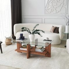 a living room filled with furniture and a glass table on top of a white rug