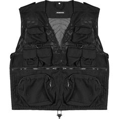 a black vest with multiple pockets and zippers on the front, attached to a white background