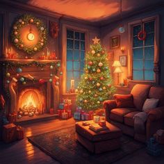 a living room with a christmas tree in the corner